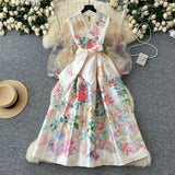 Spring 2025 Court Wind V Tie Belt Belt Belt Belt Lantern Sleeve Print Thin Long Dress