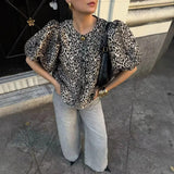 Fashion Bubble Sleeve Single-Button Shirt 2025 Spring And Summer Sweet Round Collar Short Top Female Casual