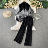 High-End Temperament Bottom Half-High Collar Sweater + Printed Knitted Shawl Jacket + High Waist Lanky Trousers Three-Piece Set