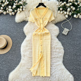 Small Fragrant Style High-End Hair-Side V-Neck Short-Sleeved Knitted Dress Women's Summer Waist Single Buckle-Clove Long Dress