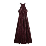 2025 Spring Women's Waist Cover Hanging Neck Sleeveless Long Fan Flute Dress