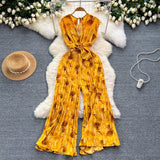 Vacation Ins Wear A Female Senior Sense Sleeveless V-Neck Tie Strap To The Belt Print Loose Broad Legs 100-Folded Jump-Fitting Trousers