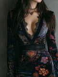 2025 Women's Homewear National Style Retro Fashion Temperament Velvet Print Waist Thin Cheongsam Dress