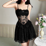 Spring 2025 New Women's Solid Color Sexy Lace Splicing Design Body-Body Perspective Sling Dress