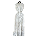 Vintage Light Luxury High-End Sleeveless Dress Female Summer Mesh Yarn Hollow Hook Open Fork Design Long Dress