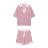 2025 Summer New Women's Loose Knit POLO Shirt Top High Waist Shorts