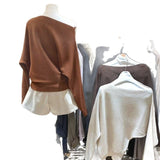 French Irregular Collared Strap Bat Sleeve Knitted Shirt Women Early Autumn High-Level Feeling Unique To Super-Good-Looking Top