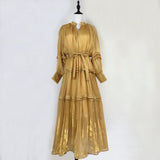 Elegant Temperament Dress 2025 New V-Neck Lantern Sleeves Folded Long Silk Dress Dress