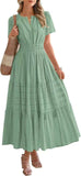 2025 Spring And Summer Women's New Fashion V-Neck Folding Bubble Sleeve Layer - Big Swing Dress Woman