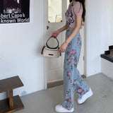 Spring And Autumn Sweet And Spicy Girl Rose Print Jeans Women Design High Waist Straight Trousers Hanging Broad Leg Trousers