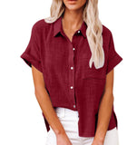 Wish Summer New Women's Solid Color Linen Shirt Short Sleeve Casual Loose Shirt