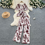 Lightly Mature Two Sets Of Women's Summer Dress Design Cross-Round Neckline Short-Sleeved Print Top High-Waisted Casual Broad-Legged Trousers