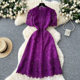 High-End Squeer Hook Lace Dress Female French Waist Thin Temperament Short-Sleeved Long Dress 2025 Summer