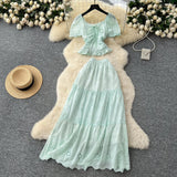French Temperament Wears A Female Waist-Waisted Collar Bubble Sleeve Shirt High-Waisted Embroidered Half-Dressed Skirt Holiday Style Set