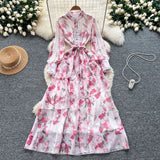French Dress Women 2025 New Fashion Collar Single Buckle Waist Lace Splicing Lotle Side Print Dress