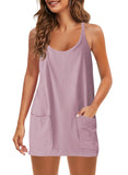 2025 Summer Solid Sleeveless Dress Fine Shoulder Strap Vest Skirt Sports Skirt Pocket