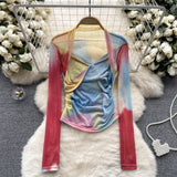 Spice Girls Tie-Dye Mesh Jersey Long-Sleeved T-Shirt Girl Thin Perspective Temperament Fashion Folding Top