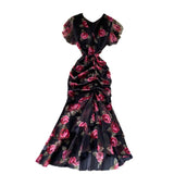 2025 New Light Luxury Chiffon Print Dress Temperament Lotus Side Fishtail Dress Female Dress Thin