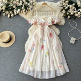 French One-Word Shoulder-Scaring Dress Women's Summer Gentle Wind To Close The Waist Mashed Flowers Bubble Sleeve Yarn Fairy Dress