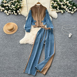 Fashion Suit Women's Port Wind Casual Colliding Color Splicing Collar Zipper Fake Two-Piece High-Waisted Cowboy Broad Leg Trousers
