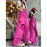 High Street Rose Red Ripped Jeans Women Summer Thin Dopamine Wearing Hot Girl Straight Broad Leg Pants