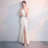 White Feather Hanging Neck Open Shoulder Fashion Atmosphere Thin Long Skirt Evening Dress Students Graduation Performance Choral Costume