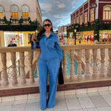 Light-Cooked Wind High-End Retro Lapel Long-Sleeved Cowboy Topess 2025 Autumn Dress High-Waisted Casual Broad-Legged Straight Trousers