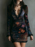 2025 Women's Homewear National Style Retro Fashion Temperament Velvet Print Waist Thin Cheongsam Dress