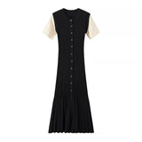 Women's Clothing Exploding Fashion Simple Solid Color Button Short Sleeves Knitted Dress