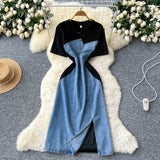 Korean Version Of Fashion Elegant Irregular Short Sleeve Splicing Diamond-Singed Waist Denim Dress Women's Summer Open Fork Long Dress