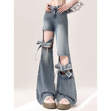 Fat Mm Large Street Hottie Bow Trumpet Micro-Tight Jeans Girl Retro Hollow Horn Long Pants