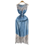 Vintage Lace Splicing V-Neckless Denim Dress Women's Summer Senior Feeling Lanky Dress