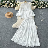 French Temperament Set Female Court Vintage Lace Spliced Lantern Sleeve Single-Button Shirt High-Waisted Skirt