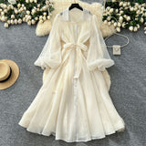 French Dress Woman Autumn 2025 Court Style Niche Collar Single Buckle Strap To Belt Lantern Sleeve Long Skirt