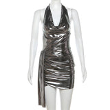 2025 Winter New Women's Clothing Hanging Neck Bare Back Sexy Body Repair Kitb Bright Face Dress Woman