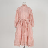 2025 Spring And Summer New Lantern Sleeve Retro Hollow Lace Splicing Single Buckle Loose Lace Dress Dress Woman
