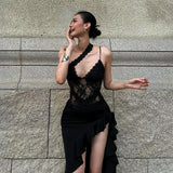 2025 Winter New Women's Hottie Street Irregular Design Lace Splicing Perspective Showback Dress