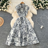2025 New Women's High-End Elegant Dress Women's Collar Sleeveless Single Buckle Ink Painting Long Dress