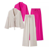 Spring And Summer Women's Solid Color Tie Shirt Broad Leg Trousers Set Casual Two Sets