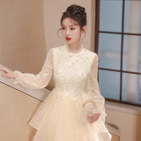 Evening Dress Light Luxury Niche Banquet Host Graduation Dress 2025 New Champagne Long-Sleeved Art Exam Dress