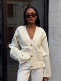 Spring/Summer 2025 Leisurely Pure Color V-Neck Knitted Coat