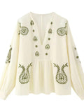 2025 Spring V-Neck Lantern Sleeves National Style Embroidery Shirt Trend Sleeves