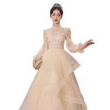 Evening Dress Light Luxury Niche Banquet Host Graduation Dress 2025 New Champagne Long-Sleeved Art Exam Dress