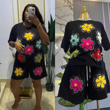 Fashion Set European Dress Design Butterfly Set Drill Short Sleeve T-Shirt Blouse Woman + Tight Waist Broad Leg Shorts Two Sets