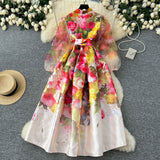 Spring 2025 Court Wind V Tie Belt Belt Belt Belt Lantern Sleeve Print Thin Long Dress