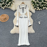 Autumn French Elegant Little Fragrant Knitted Dress Dress Women Fashion Collar Long Sleeve Slim Slime