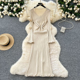 Atmosphere Temperament Three-Dimensional Flowers V-Neck Long-Sleeved Dress Women Slim Thin Inside Sweater Skirt Autumn And Winter New