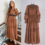 Elegant Temperament Dress 2025 New V-Neck Lantern Sleeves Folded Long Silk Dress Dress