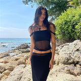 2025 Summer Fashion Trend Women's New Slings A Word Shoulder Repair Yarn Net Exposed Umbilly T-Shirt