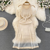 2025 Summer High-End Sense Temperament Round Recipient Waist Thin A-Word Mesh Splicing Knitted Vest Dress